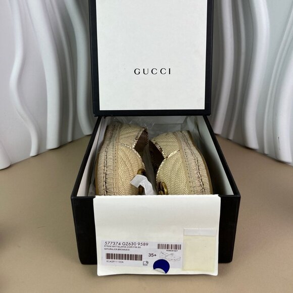 Gucci Beige Raffia Espadrilles With Gold GG Logo Womens 35.5 Made In Spain - Picture 8 of 9